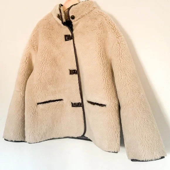 NWT Gap Cream Sherpa & Faux Brown Leather Oversized Jacket Coat Size L Vegan - Picture 6 of 16